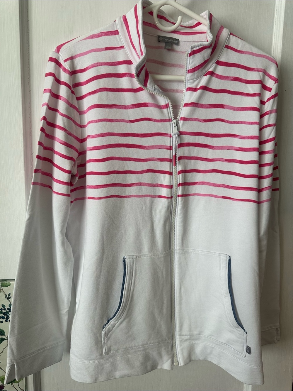 T by Talbots jacket pink and white stripe, large